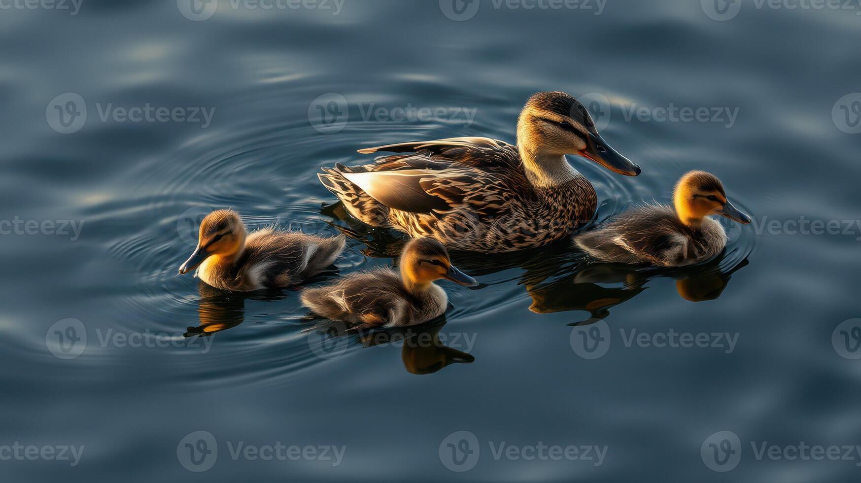 Mother duck swimming with ducklings in a serene blue water setting during golden hour photo