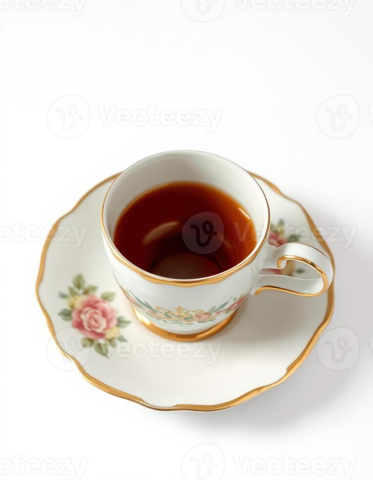 Elegant porcelain cup and saucer with tea on a white background, showcasing a floral design and fine craftsmanship during afternoon tea photo