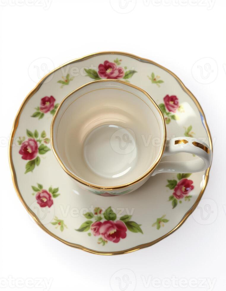 Decorative floral tea cup and saucer set designed with elegant gold rim details, perfect for afternoon tea and special occasions photo