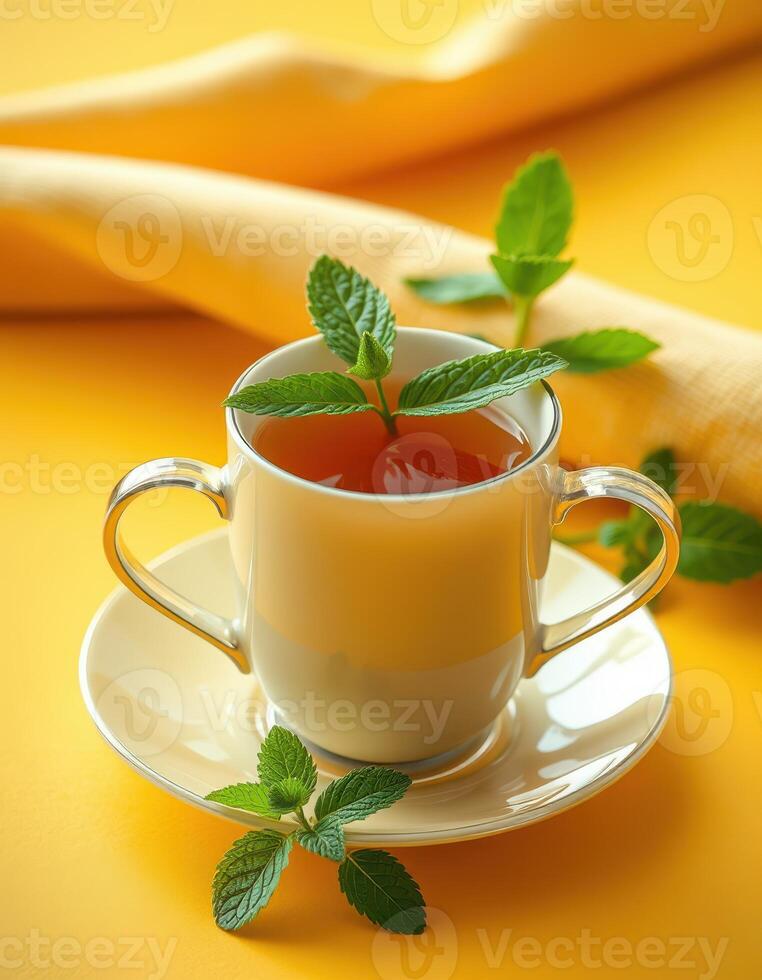 Herbal tea served in an elegant cup with fresh mint leaves on a vibrant yellow background photo