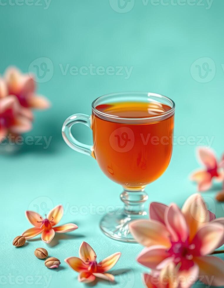 Warm herbal tea served in a clear glass cup surrounded by delicate flowers on a pastel background photo