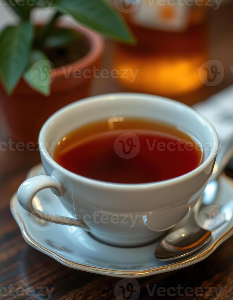 Warm cup of tea on a wooden table with a small plant in the background during a cozy afternoon at home photo