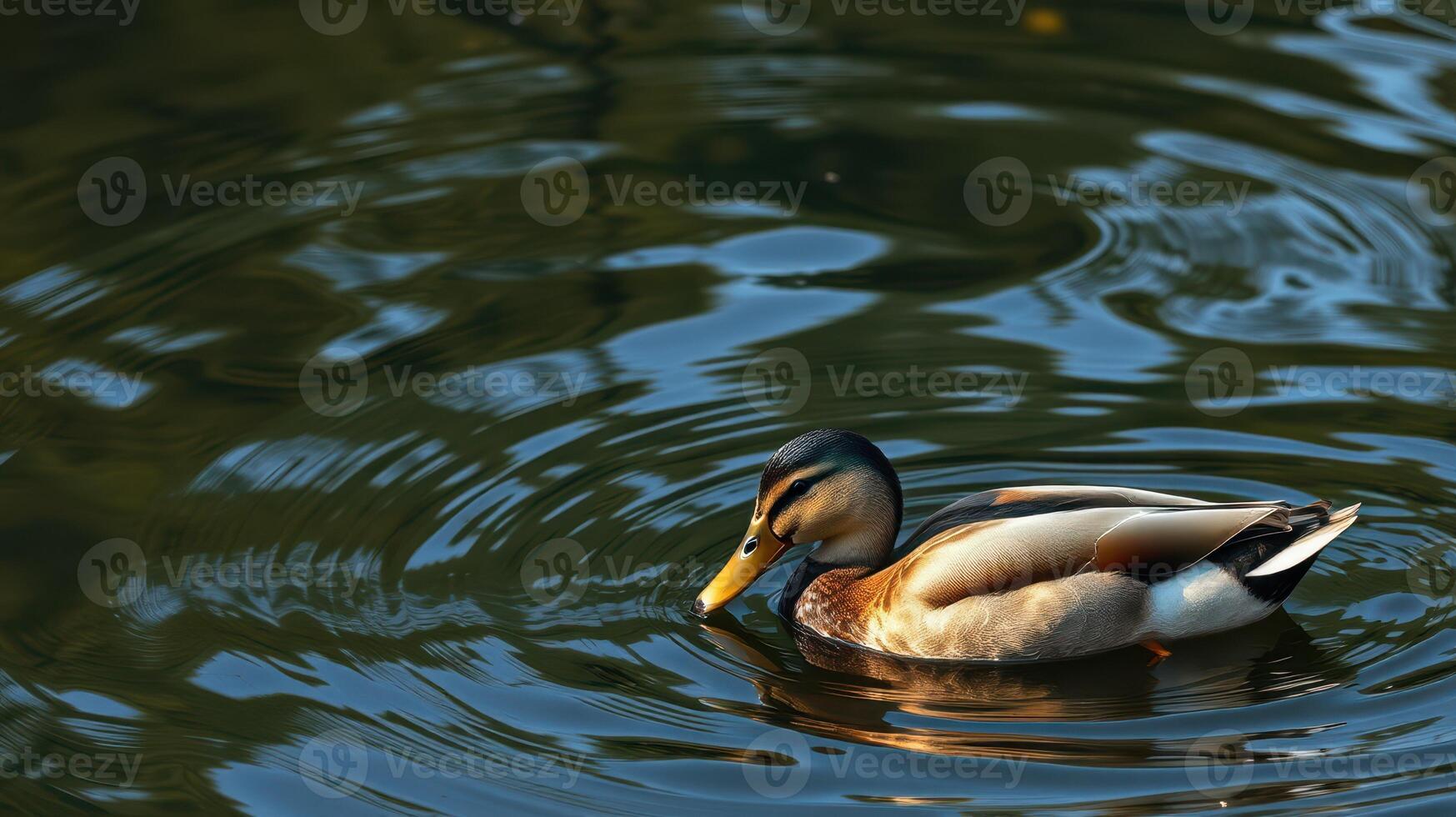 Duck swims gracefully in a serene pond surrounded by natural reflections during a sunny afternoon photo