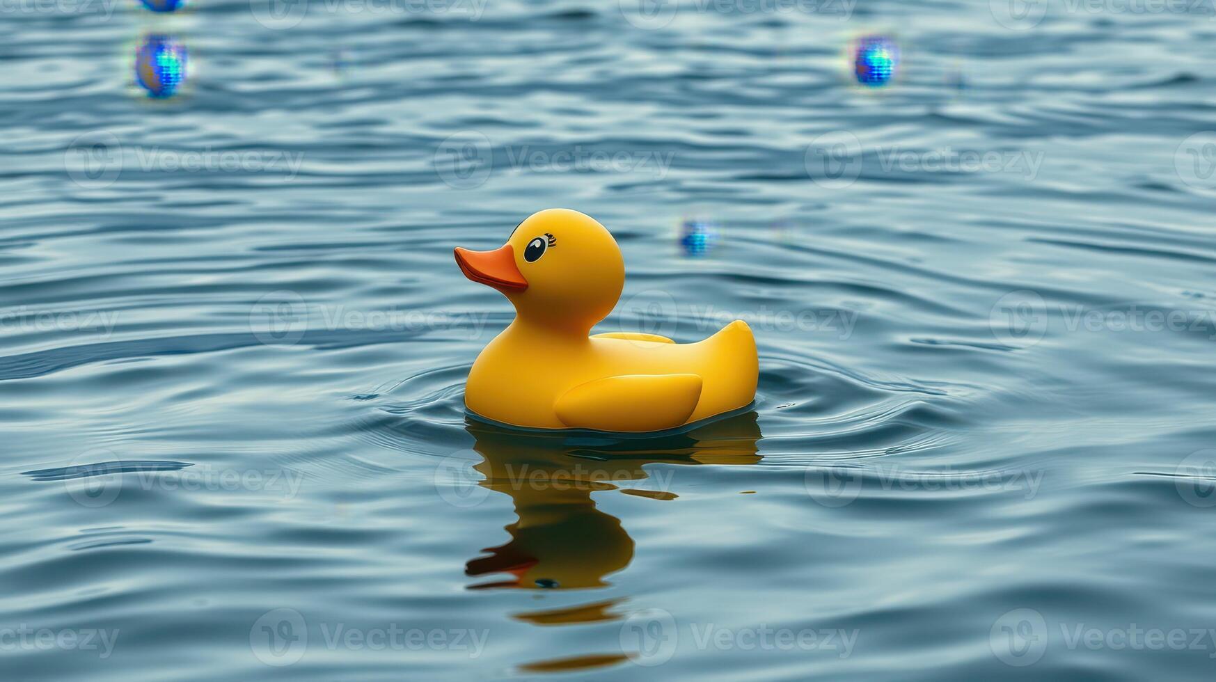Bright yellow rubber duck floating calmly on a serene lake during daytime with gentle ripples in the water photo
