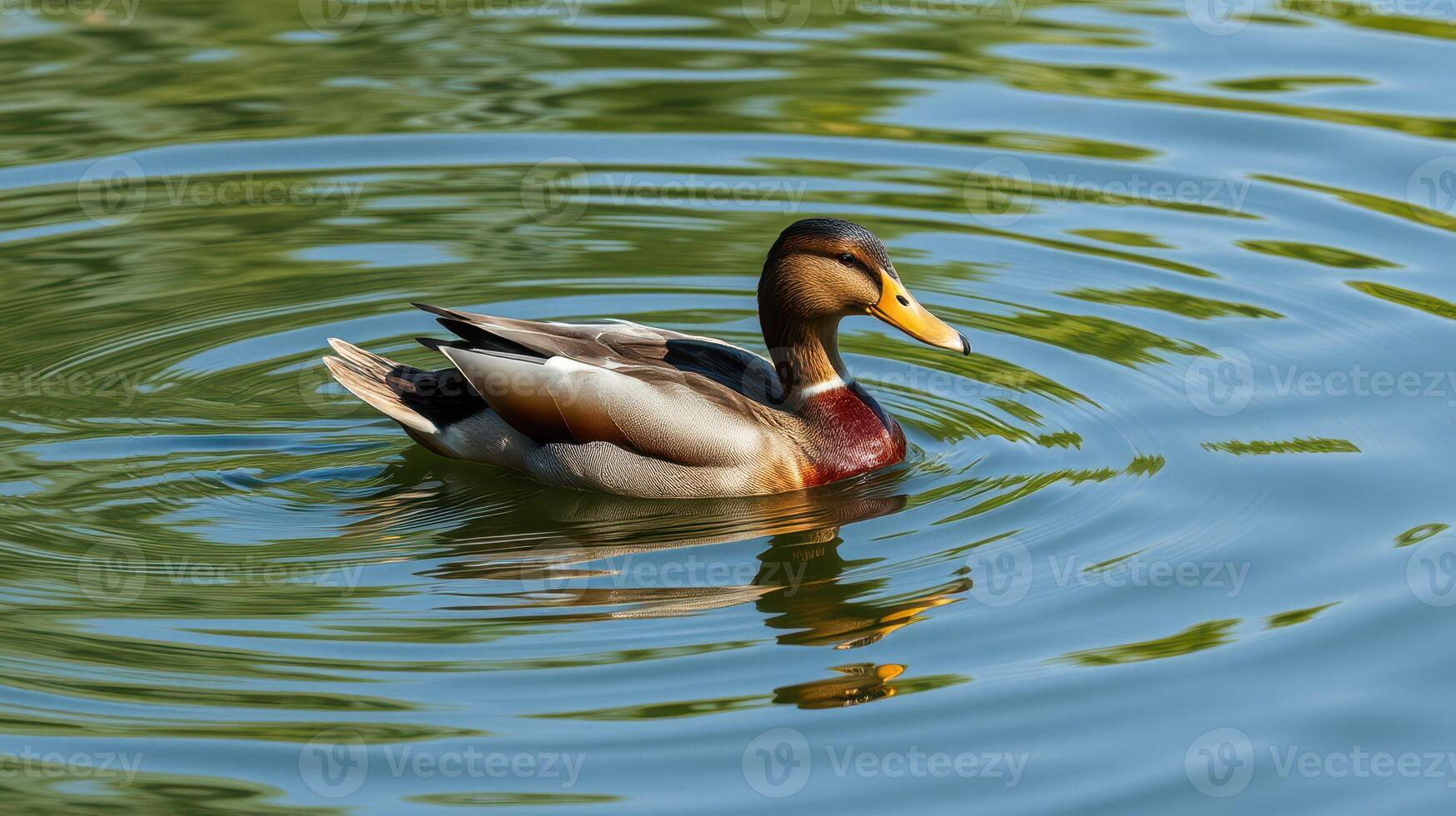 Duck swims gracefully in a tranquil pond surrounded by greenery on a sunny afternoon in early summer photo