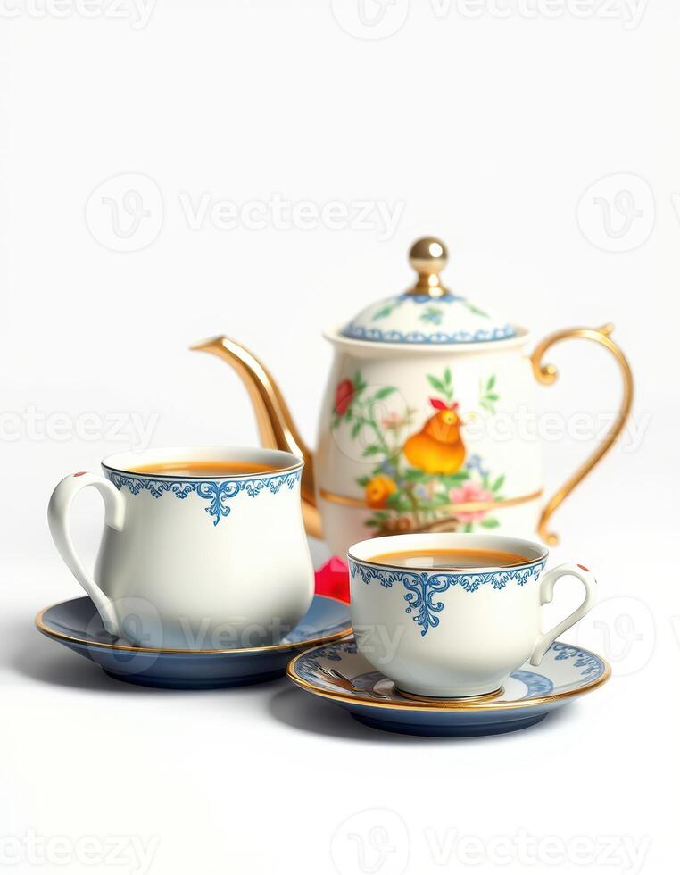 Elegant vintage tea set arranged on a plain background with delicate patterns and floral design in afternoon light photo