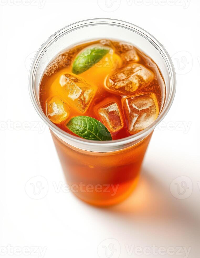 Refreshing iced tea in a clear cup with mint leaves on a white background for a summer drink photo