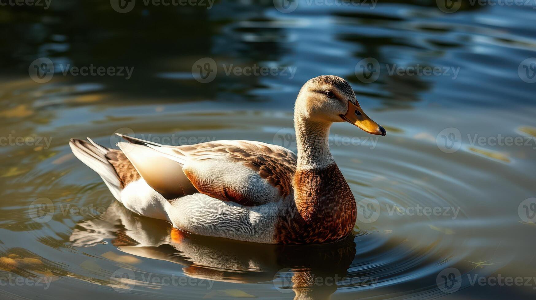 Duck swims gracefully across a tranquil pond during early morning hours in a serene natural setting photo