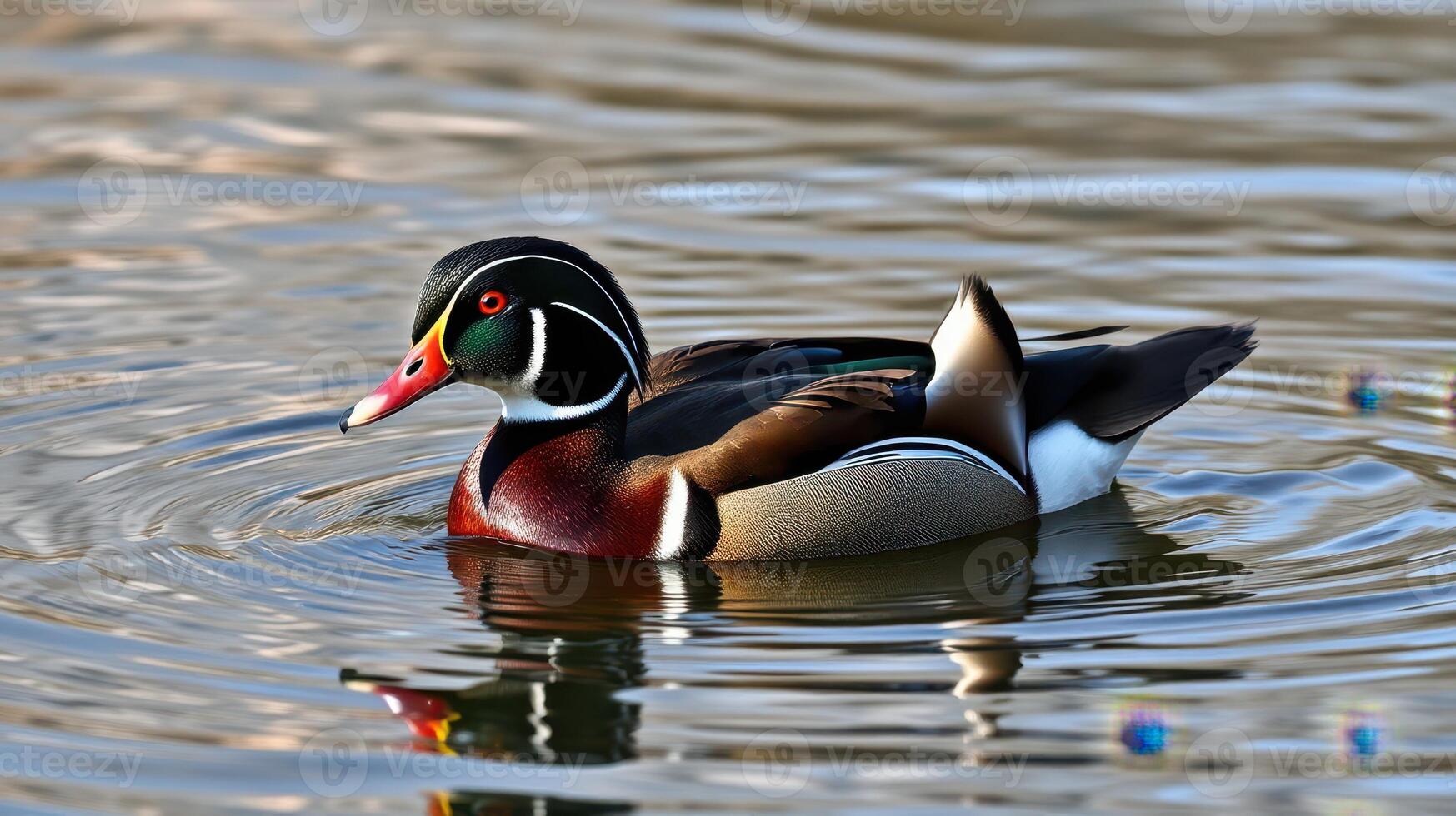 Colorful wood duck swimming gracefully in a serene pond during daylight photo