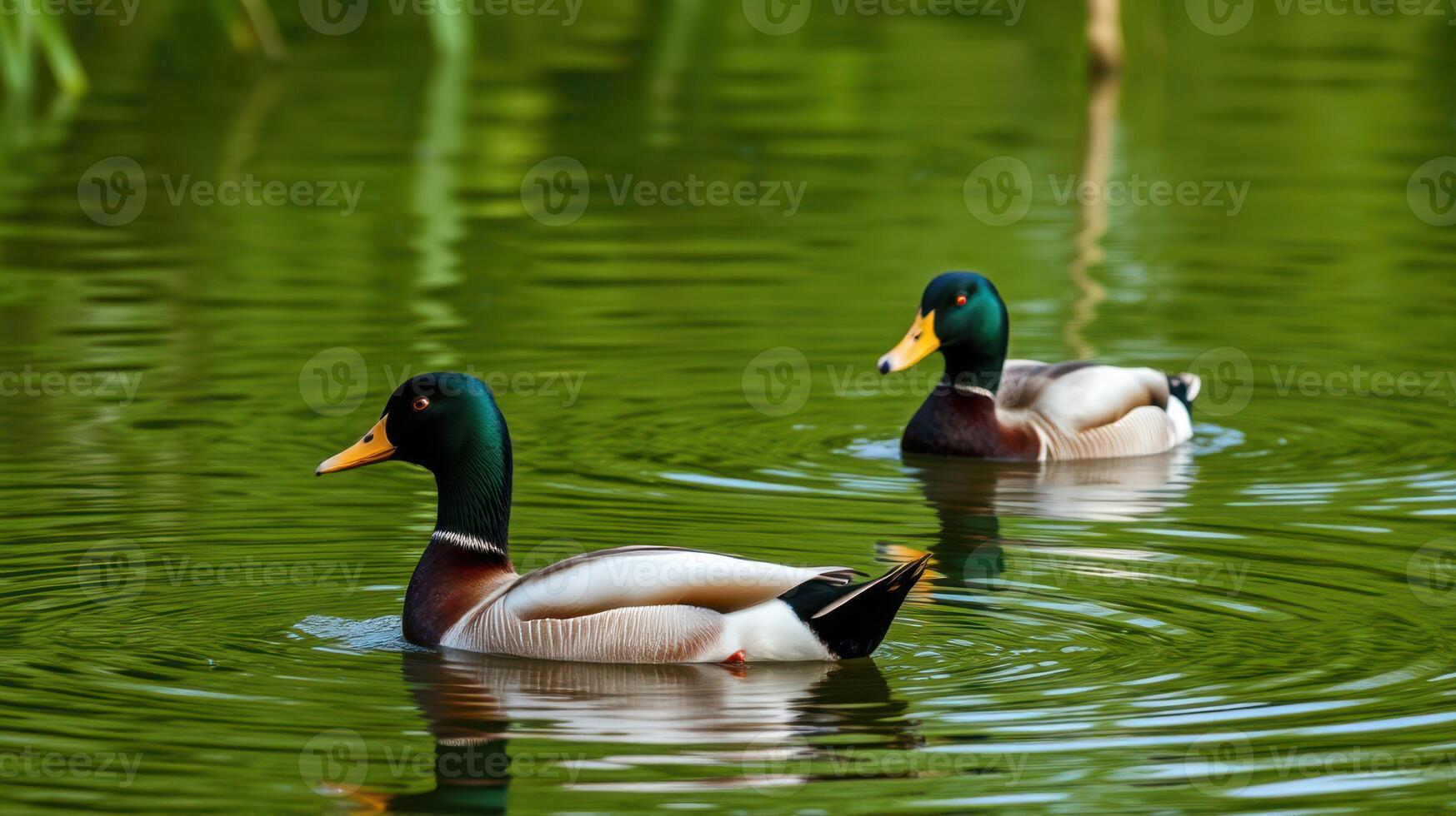 Ducks gliding gracefully on a serene pond surrounded by lush greenery during a sunny day photo