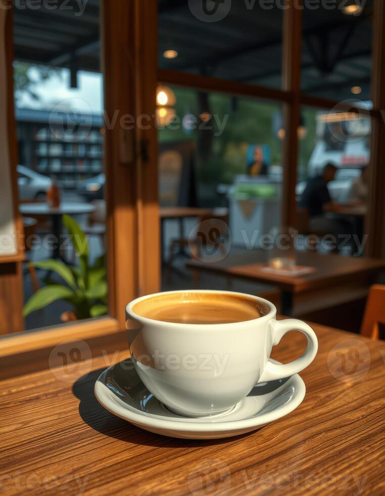 Warm coffee in a cozy cafe setting with soft light and people in the background photo