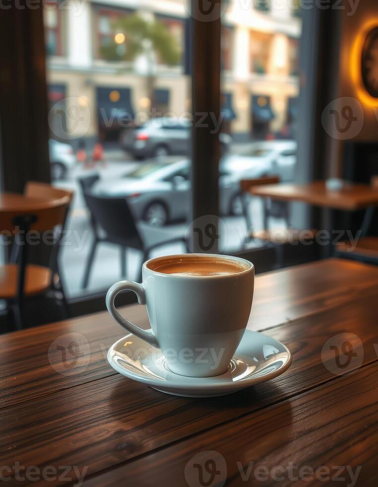 Coffee served in a white cup on a wooden table in a cozy cafe with urban view on a sunny day photo