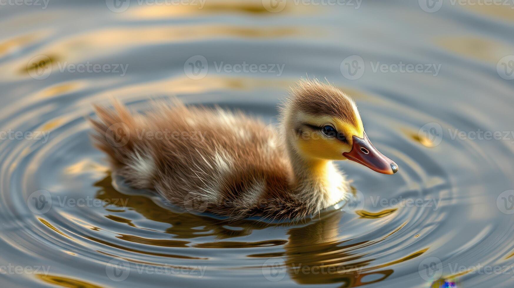 Cute duckling swims gracefully in a serene pond surrounded by rippling water photo