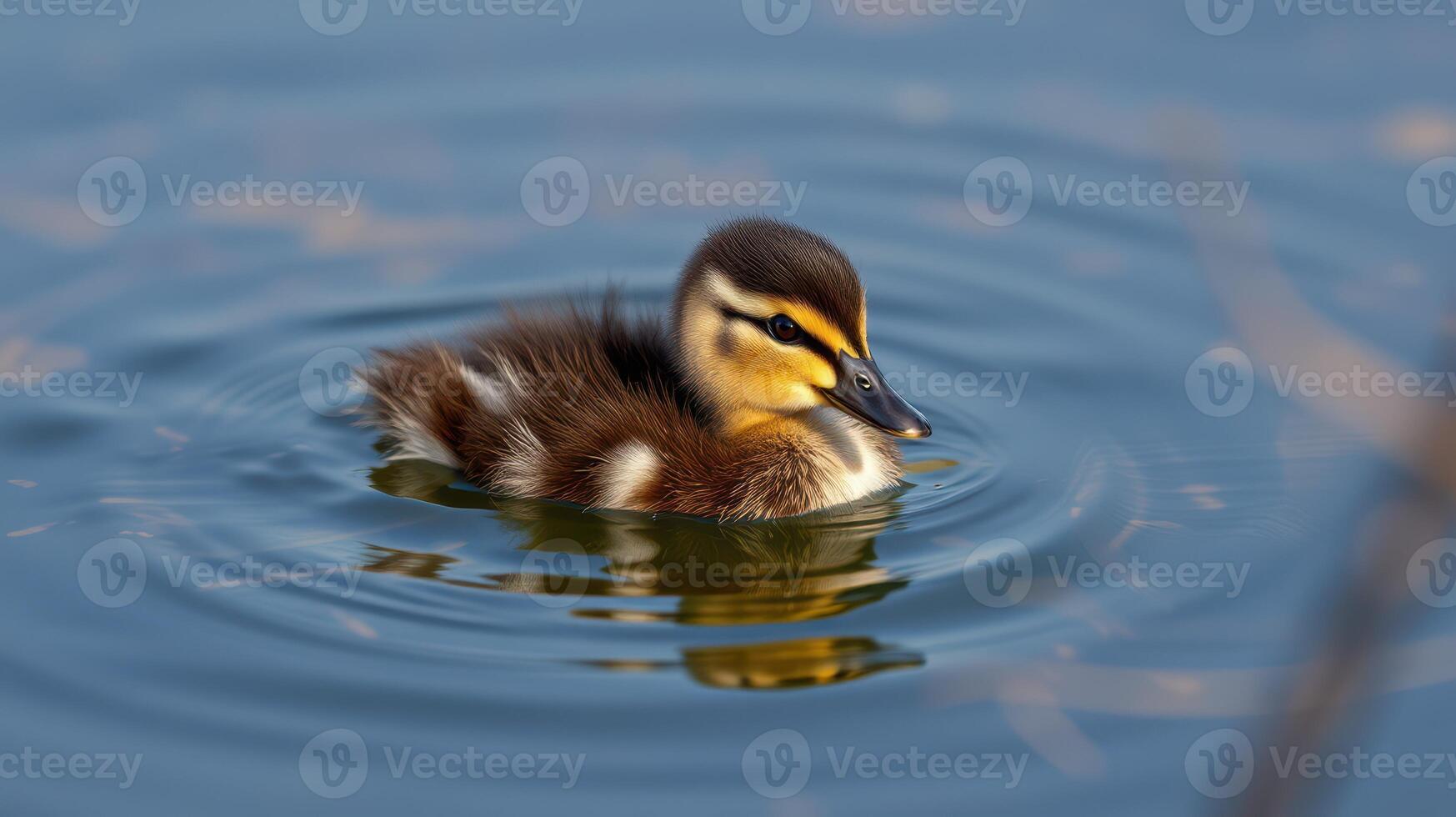 Duckling swimming in a serene pond during the golden hour with rippling water reflections photo