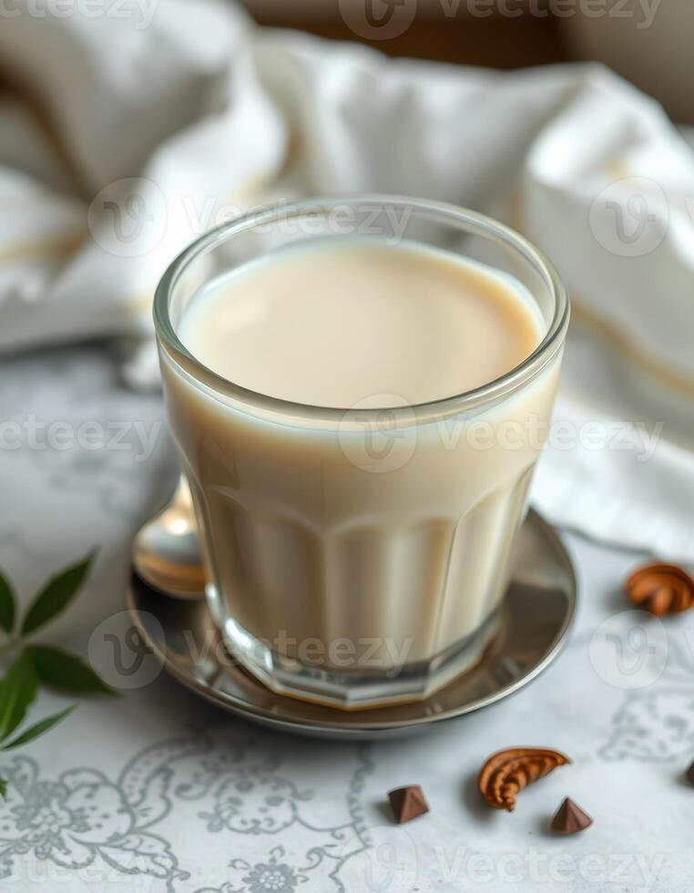 Warm cup of spiced chai tea on a patterned tablecloth with spices and a silver spoon photo