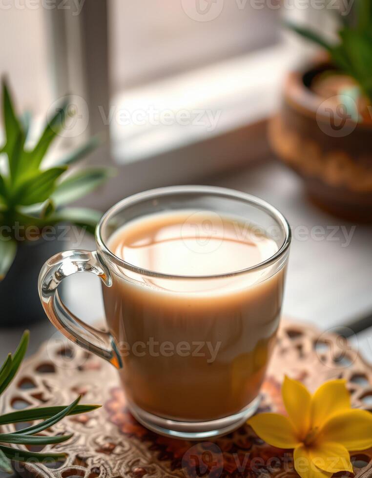 Warm cup of tea resting on a wooden table surrounded by plants in a cozy indoor setting photo