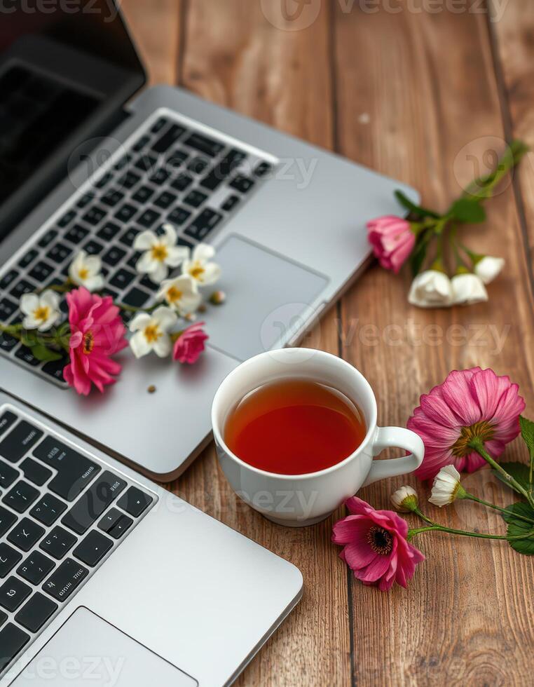 Colorful flowers beside a laptop and a cup of tea create a cozy work environment photo