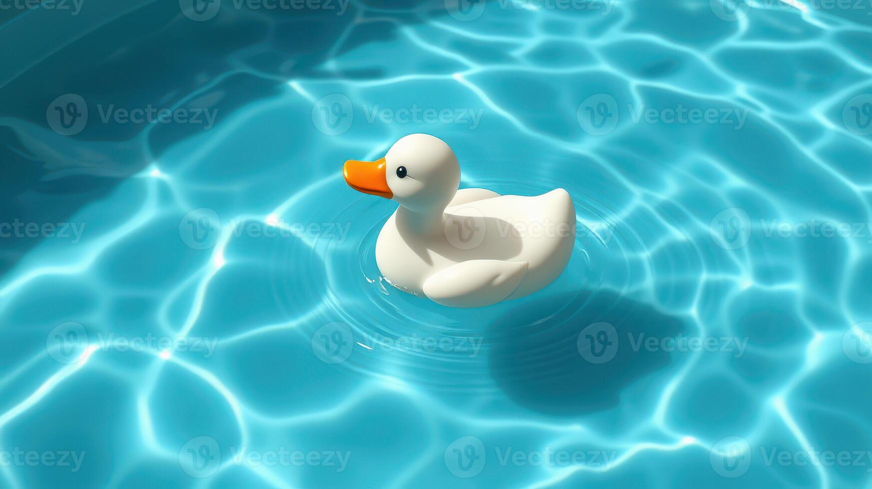 Floating white rubber duck glides across sparkling blue water in a sunny pool setting photo