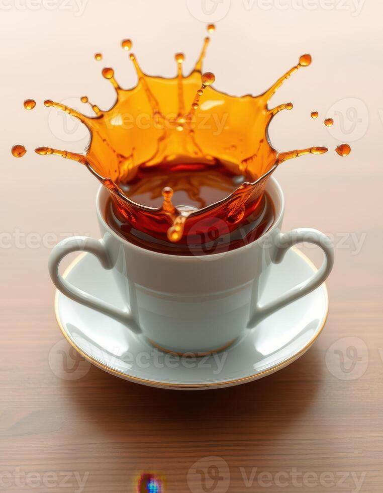 Coffee splash creates dynamic moment in a white cup on wooden table photo
