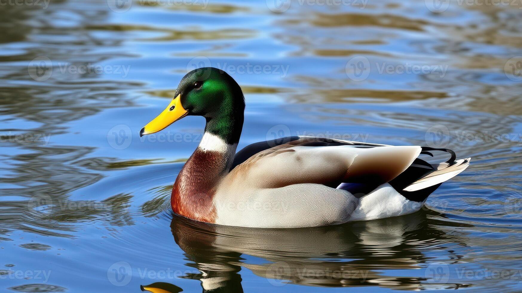 Duck swimming gracefully in a serene pond during a sunny afternoon photo