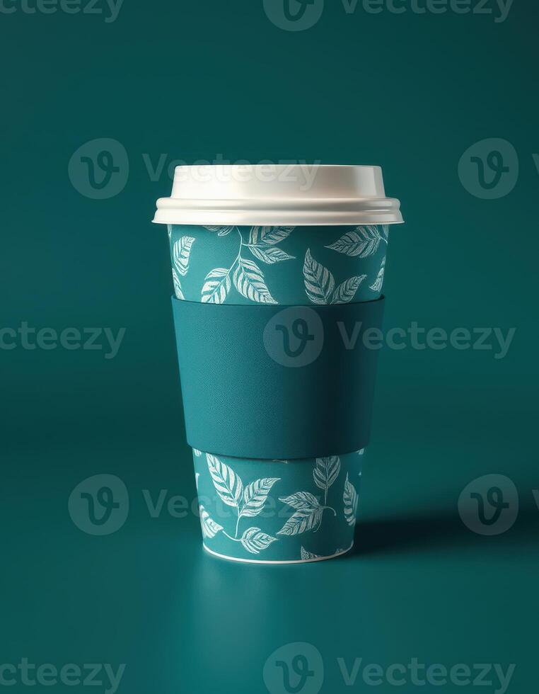 Stylish disposable coffee cup with leaf designs on teal background, showcasing modern eco-friendly branding concepts photo