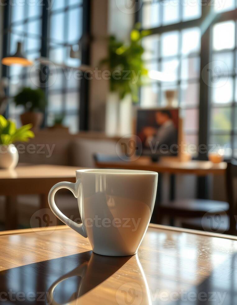 Warm cup of coffee on a wooden table in a sunlit cafe with large windows and a cozy atmosphere photo