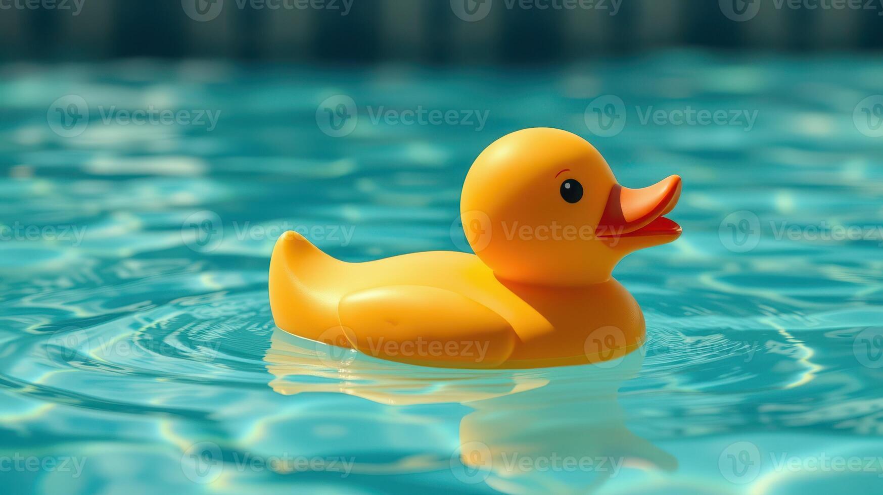 Bright yellow rubber duck floats serenely on a blue pool under the sun during summer photo