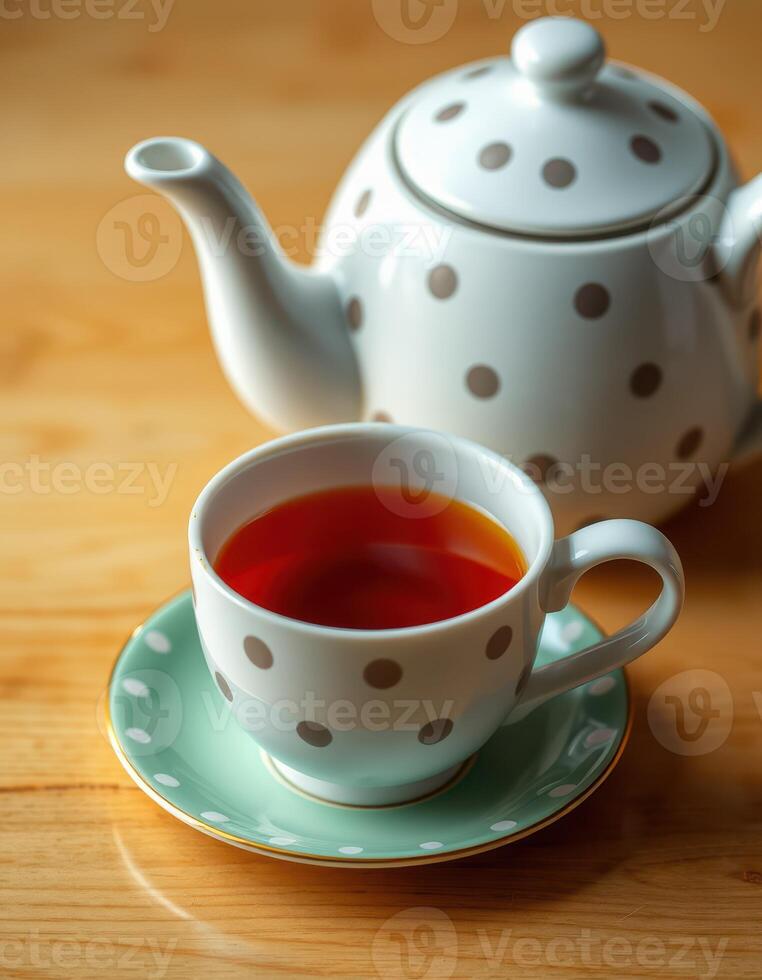 Warm tea served in a polka dot cup with a matching teapot on a wooden table photo