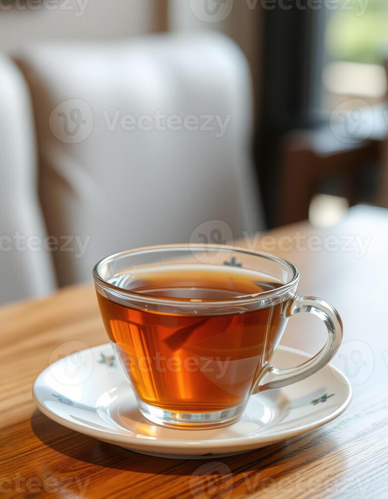 Warm cup of tea rests on a saucer on a wooden table in a cozy cafe during afternoon hours photo