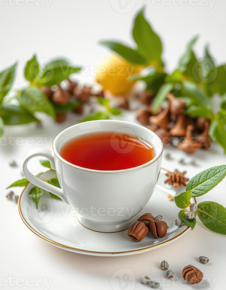 Warm cup of herbal tea surrounded by fresh herbs and citrus in a serene setting photo