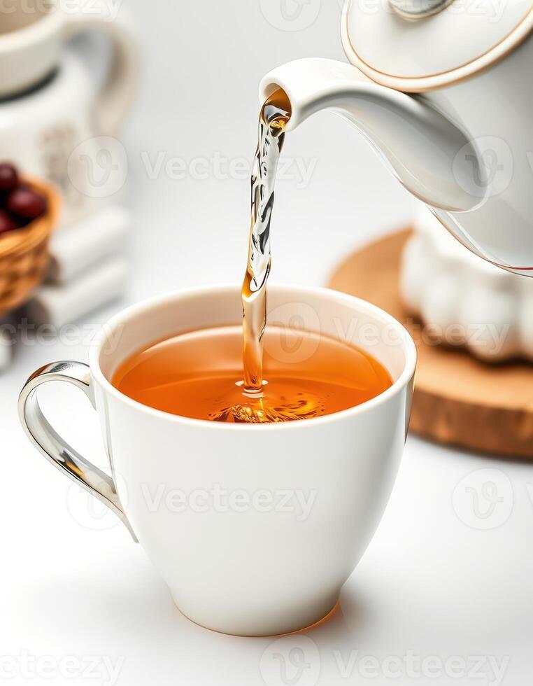 Warm tea being poured into a delicate cup in a cozy setting during afternoon tea time photo