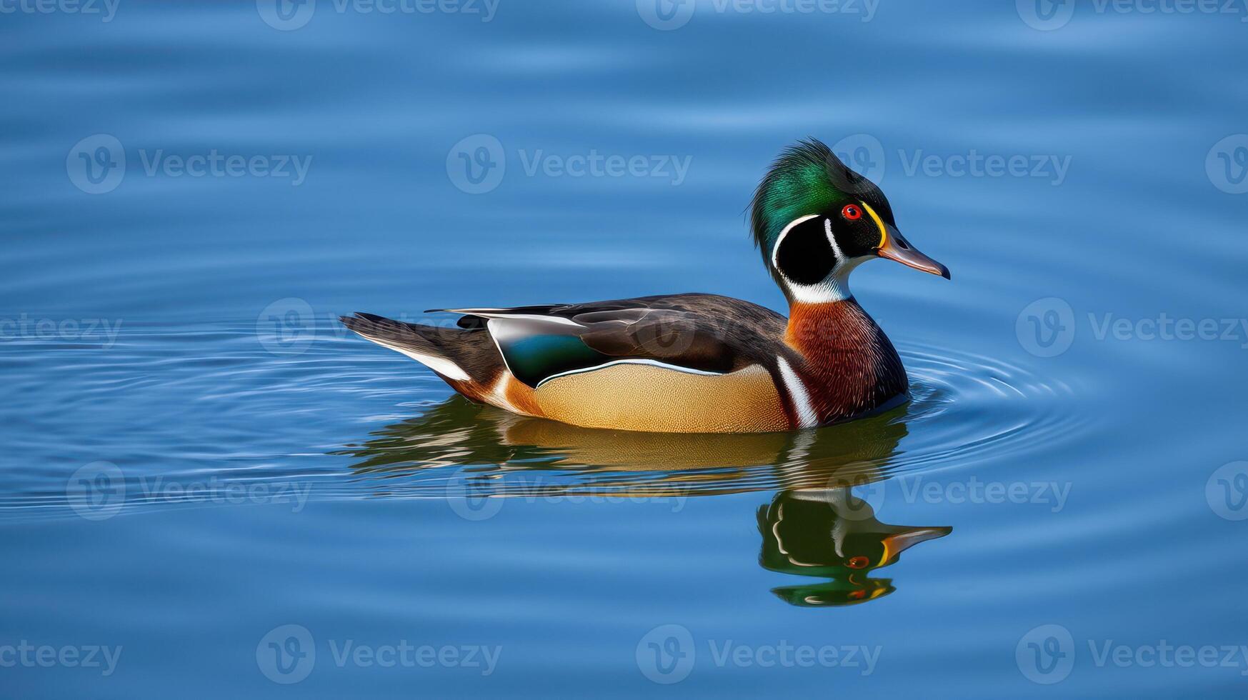 Male mandarin duck swimming gracefully in a serene lake during daylight hours showcasing vibrant colors and reflections photo