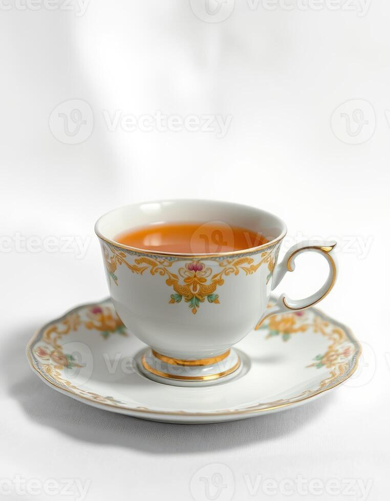 Elegant tea cup with orange liquid on a decorative saucer against a soft white background photo