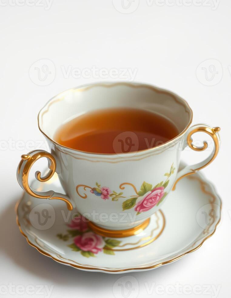 Elegant porcelain cup with tea and floral design, suitable for afternoon tea or formal gatherings photo