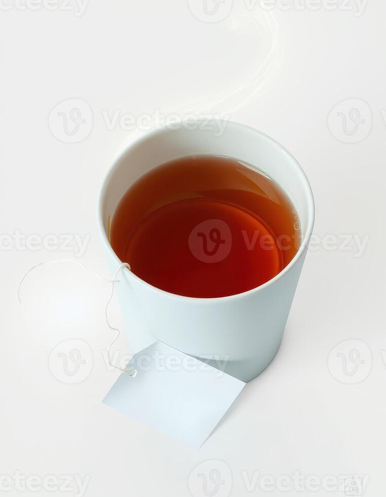 Warm cup of brewed tea sitting on a clean surface, showcasing its rich amber color and the tea bag hanging over the edge photo