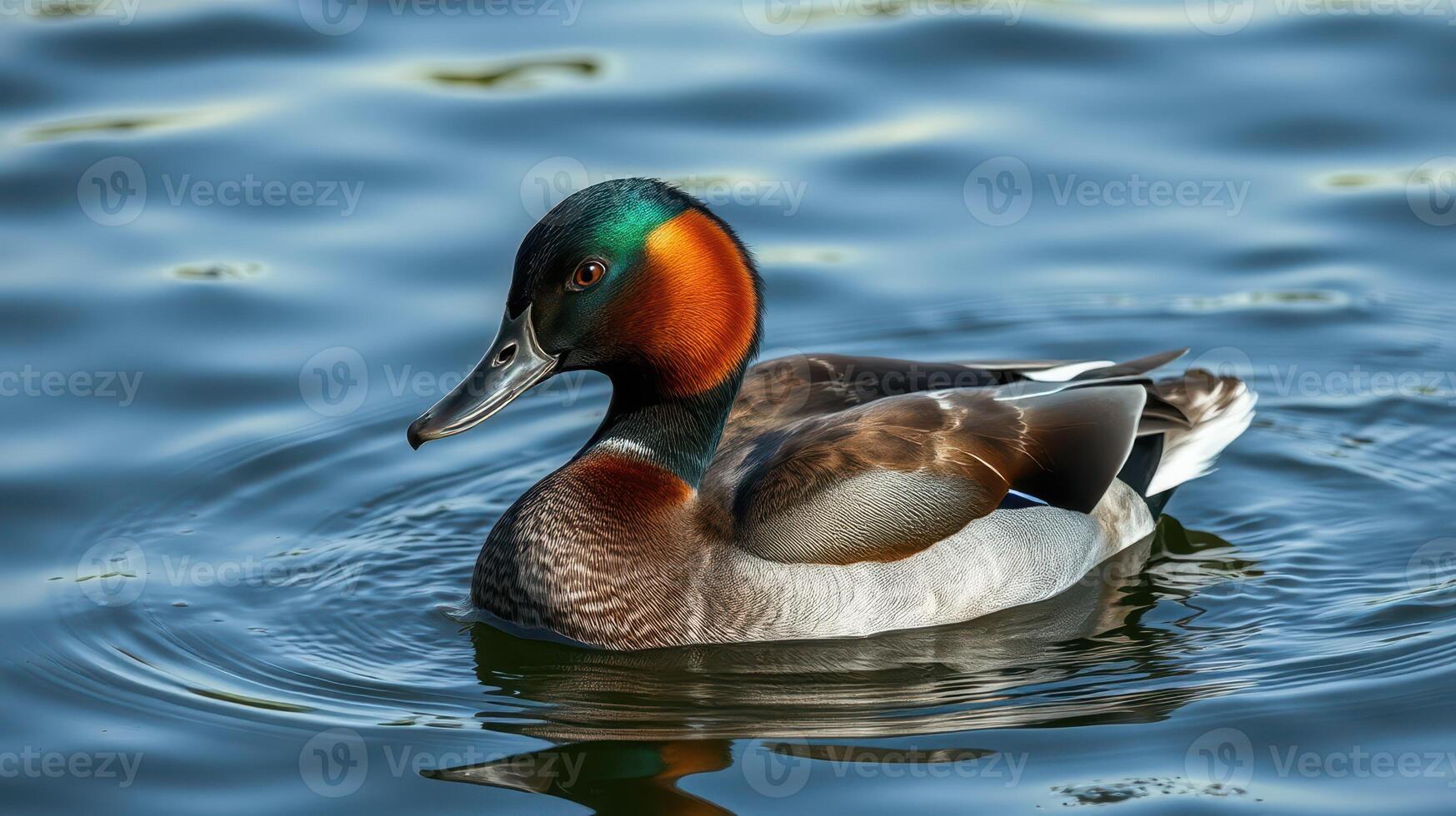 Colorful duck swimming gracefully on a tranquil water surface at a serene lake during bright daylight photo