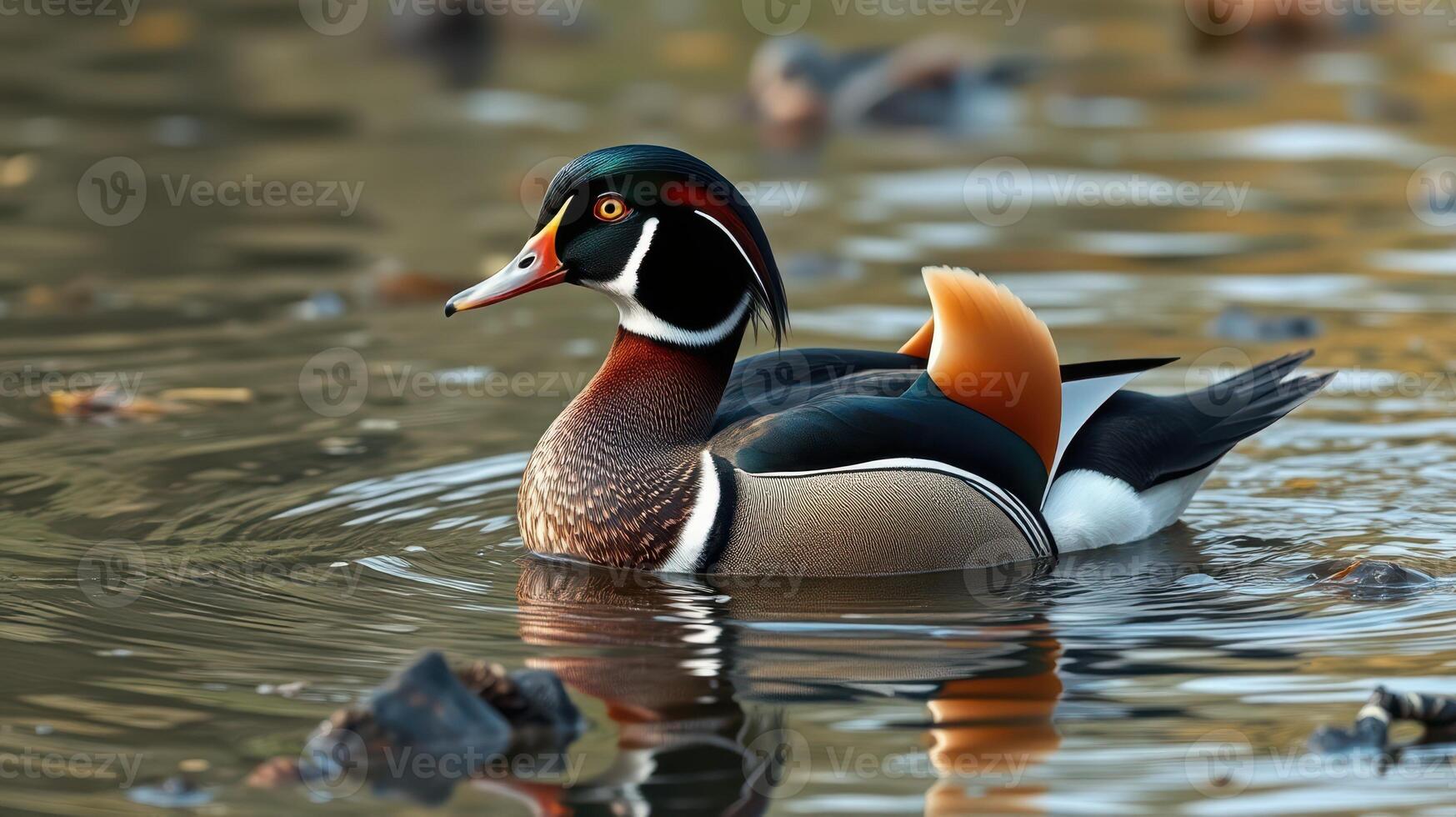 Colorful male mandarin duck swimming in a tranquil pond during the afternoon with reflections shimmering on the water surface photo