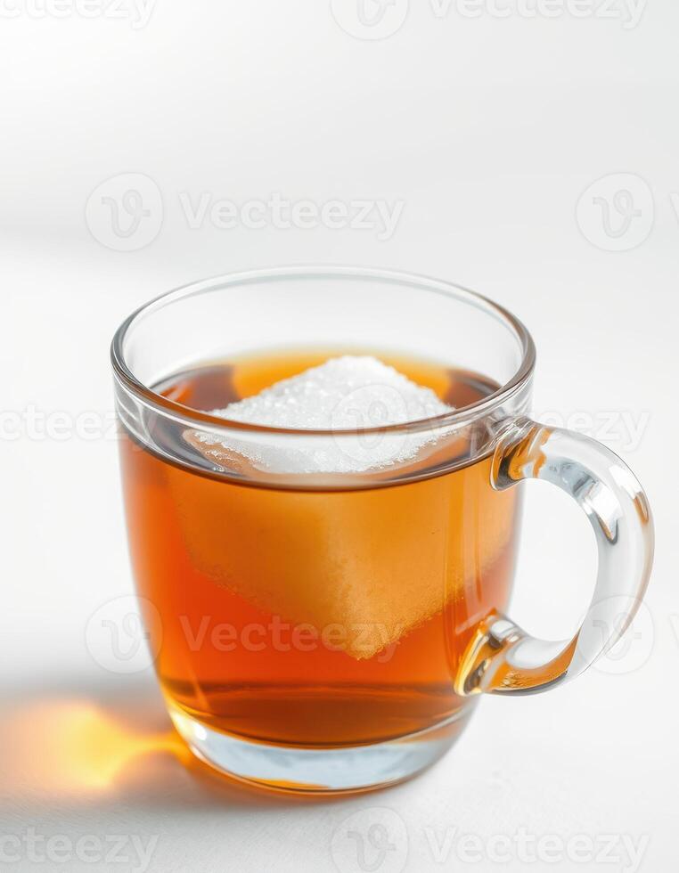 Warm cup of tea with sugar cube floating on top in a clear glass mug, illuminated by soft light photo