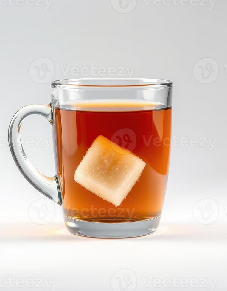 Hot tea with sugar cube dissolving in clear glass mug on plain background photo