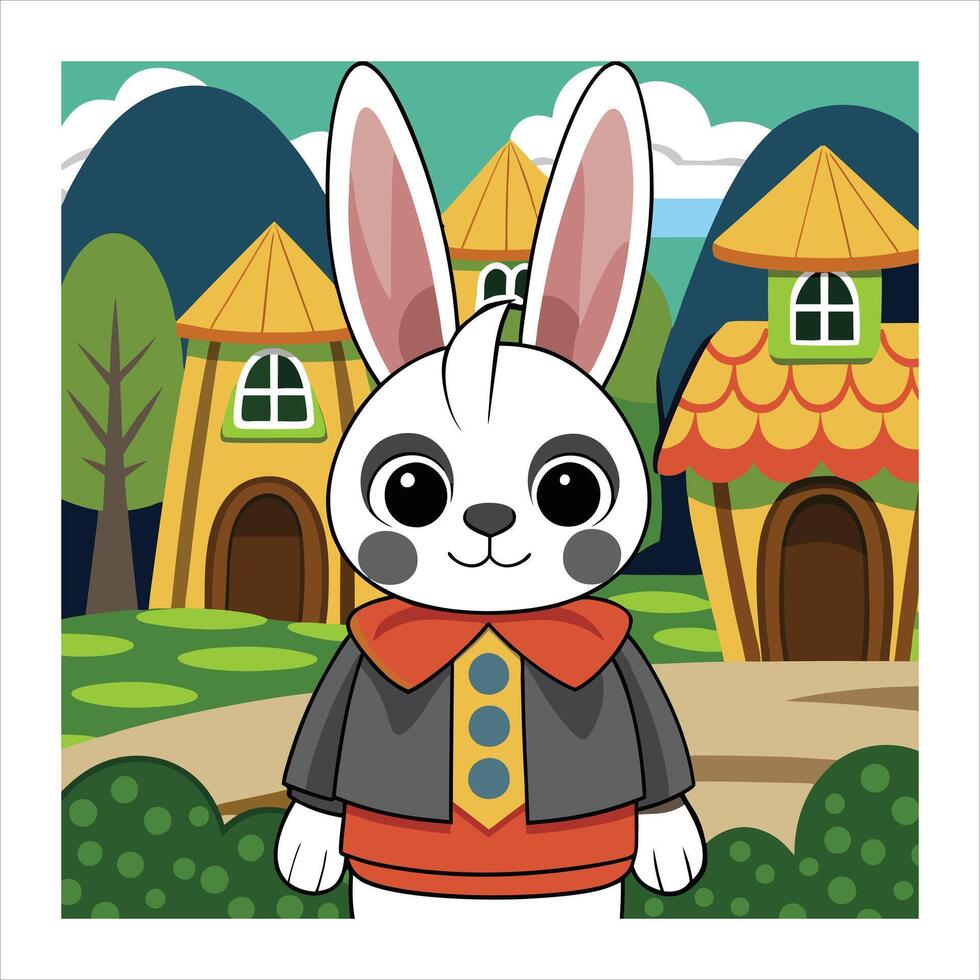 A cartoon rabbit in a suit and tie standing in front of a house vector