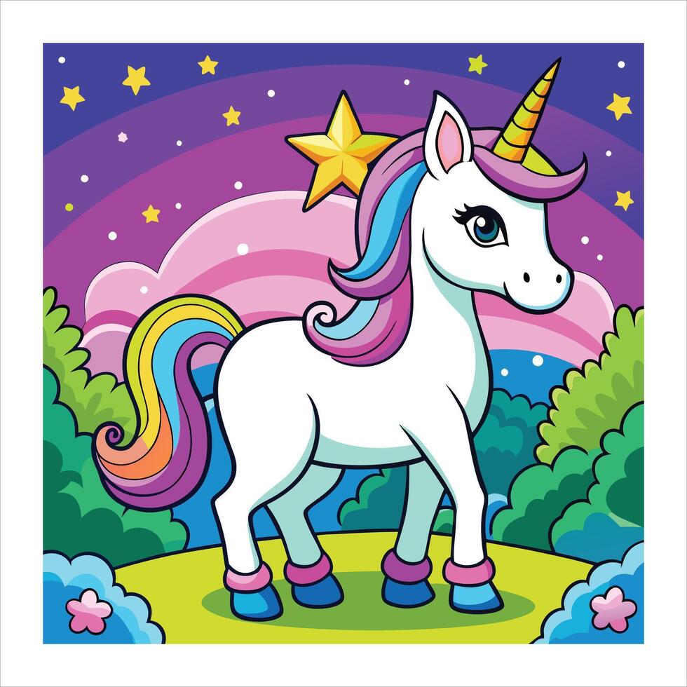 A cartoon unicorn standing in the forest vector