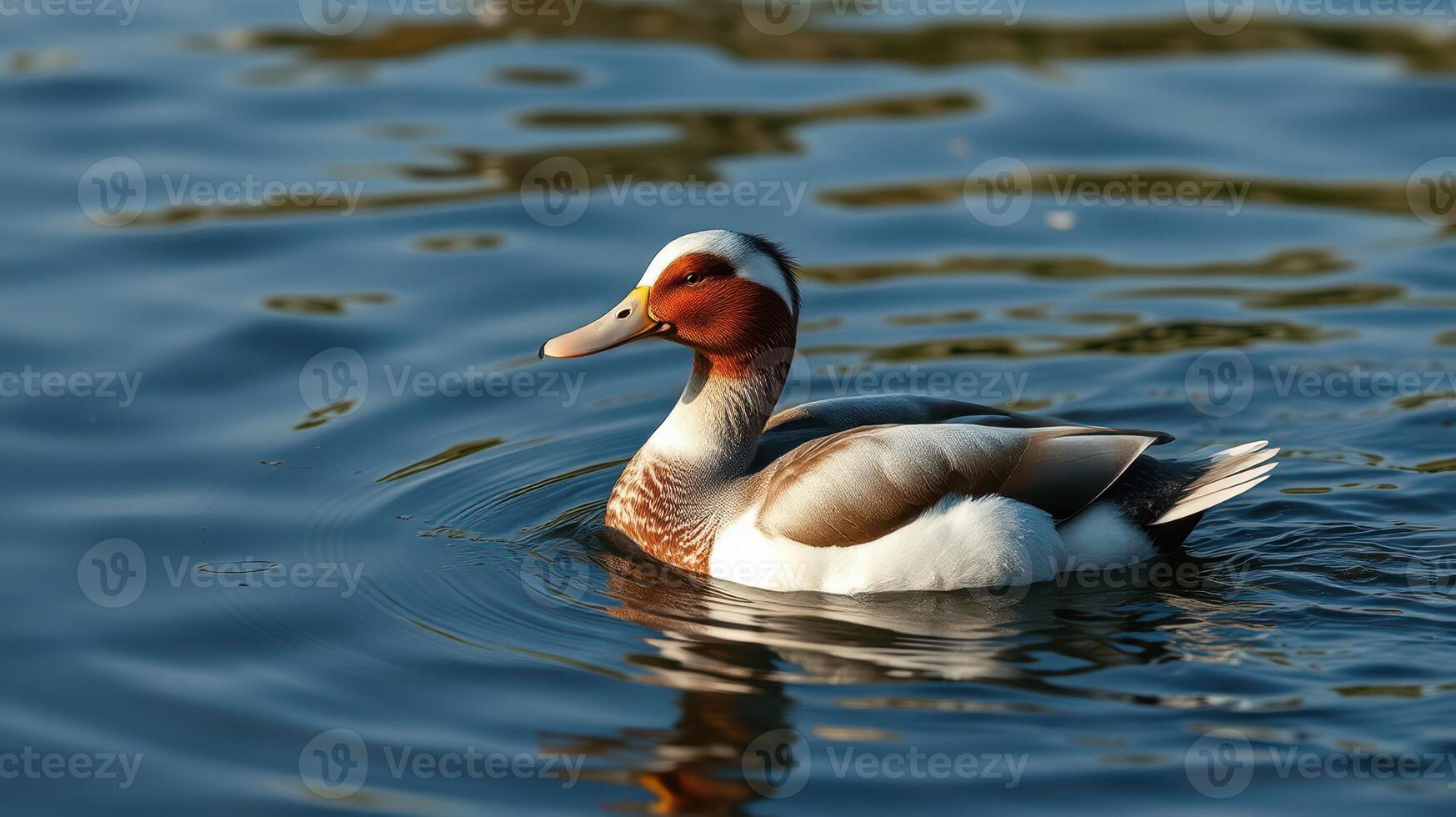 Colorful duck swimming in a serene lake during early morning light with gentle ripples photo