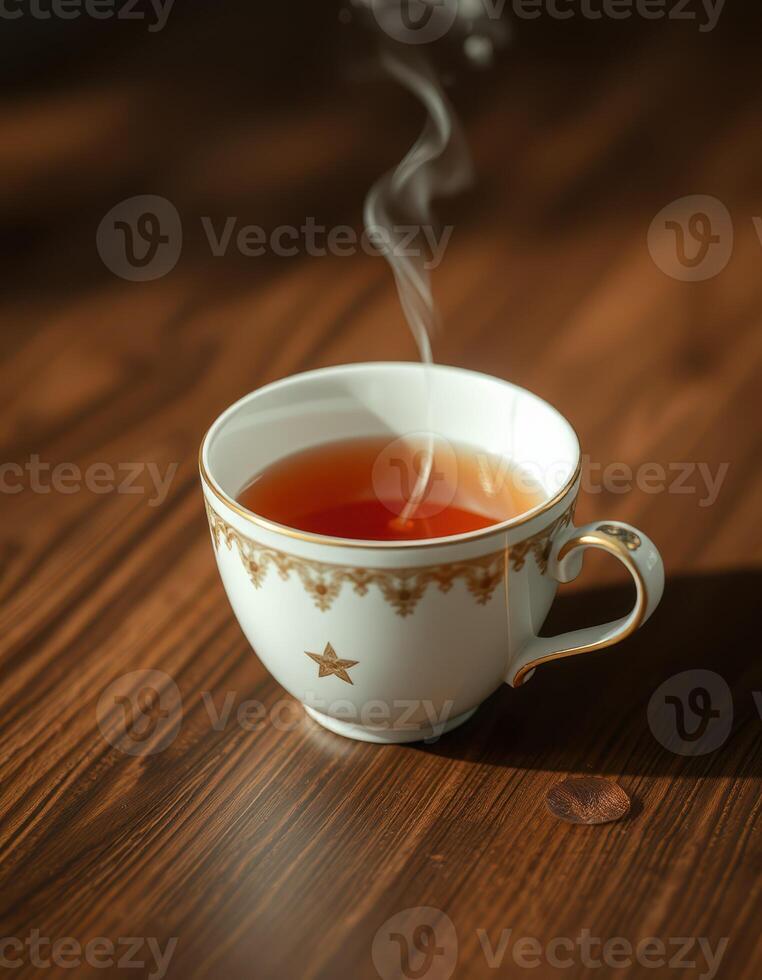 Warm cup of tea with steam rising on a wooden table in a cozy setting photo