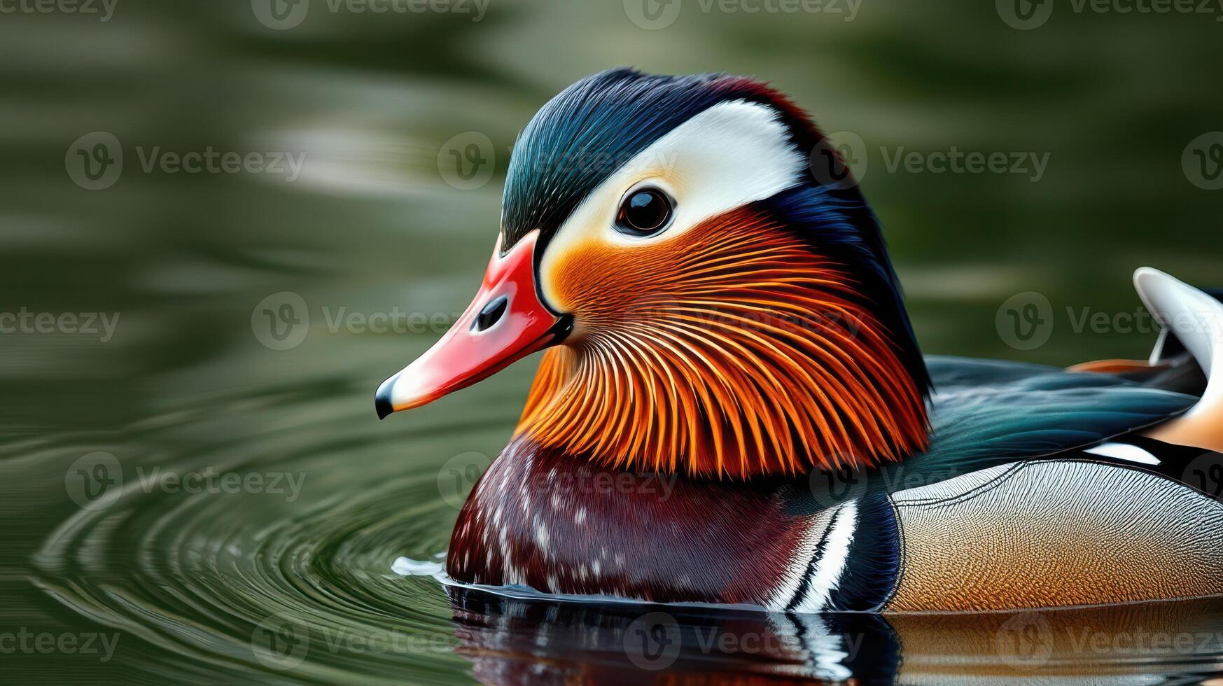 Colorful mandarin duck swimming in still waters with soft ripples on a calm day photo
