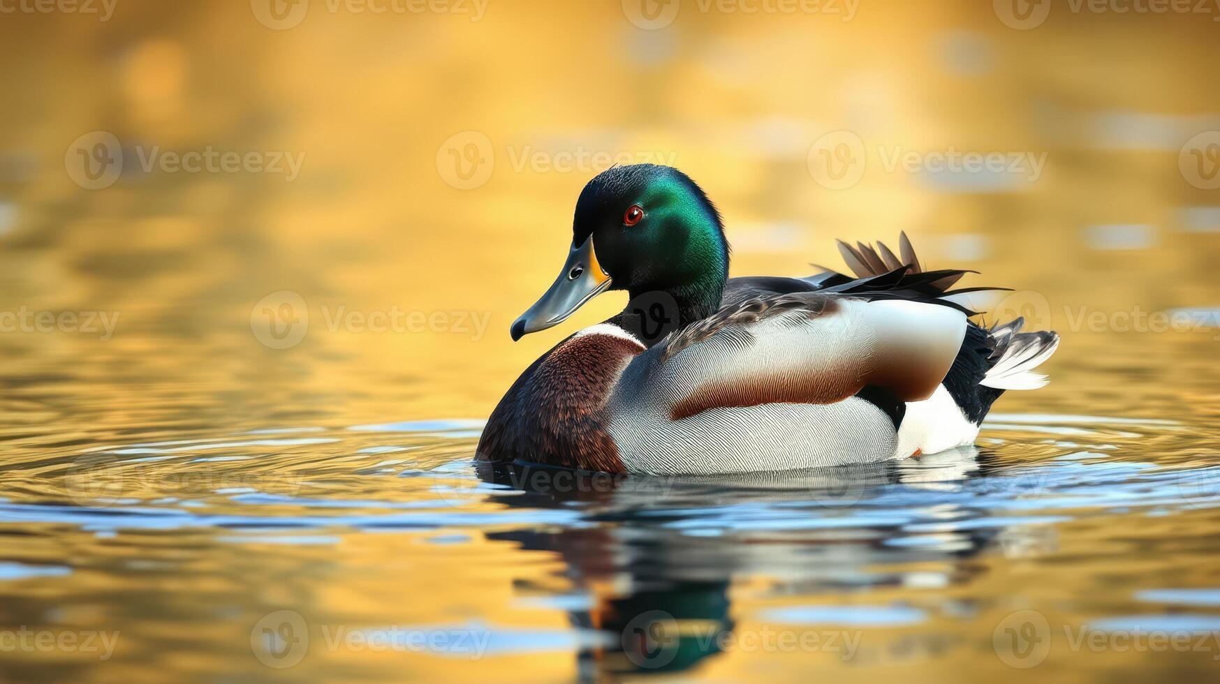 Male duck swimming gracefully in a tranquil pond surrounded by autumn colors photo