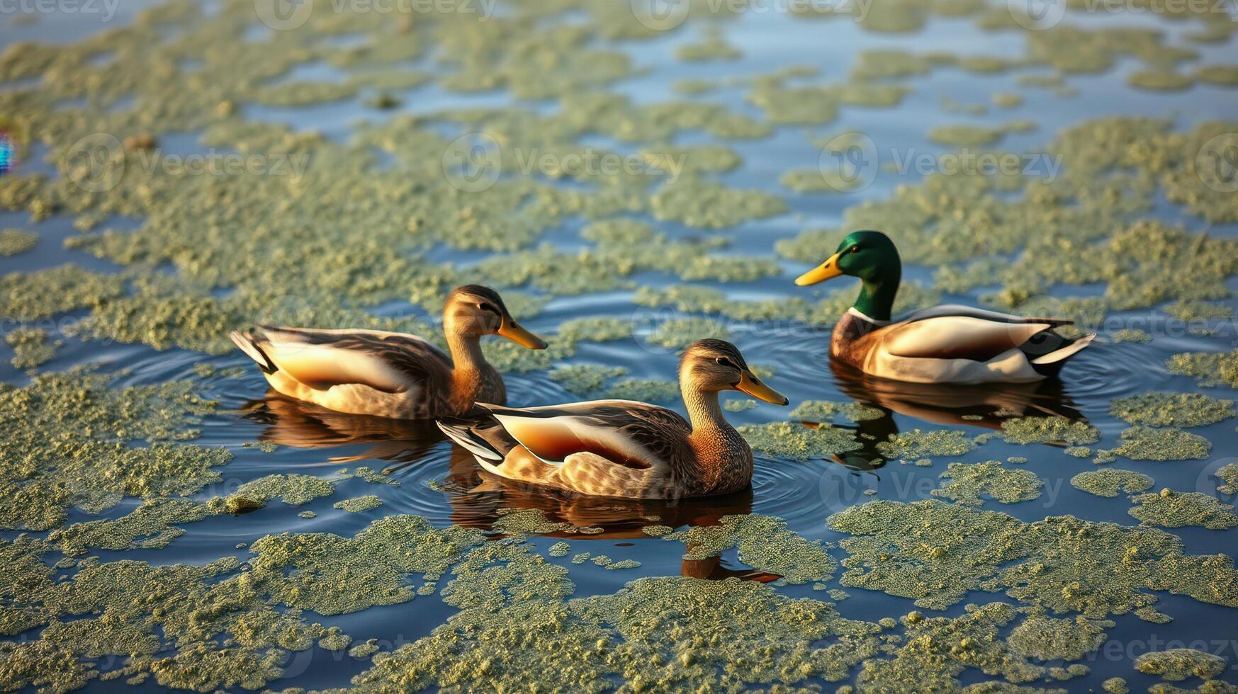 Ducks swimming peacefully in a serene pond surrounded by green algae under golden sunlight photo