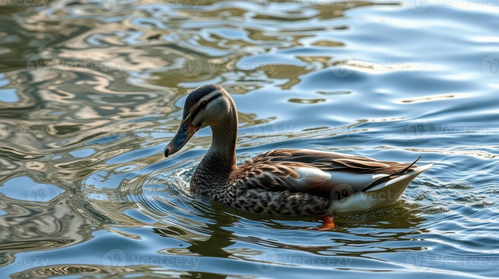 Duck swimming peacefully in shimmering water during a sunny afternoon in a tranquil park setting photo