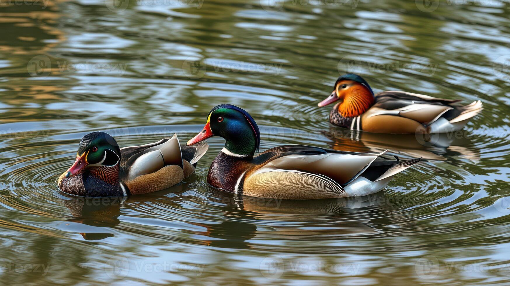 Colorful wood ducks swim gracefully on a serene pond surrounded by soft ripples at sunset photo