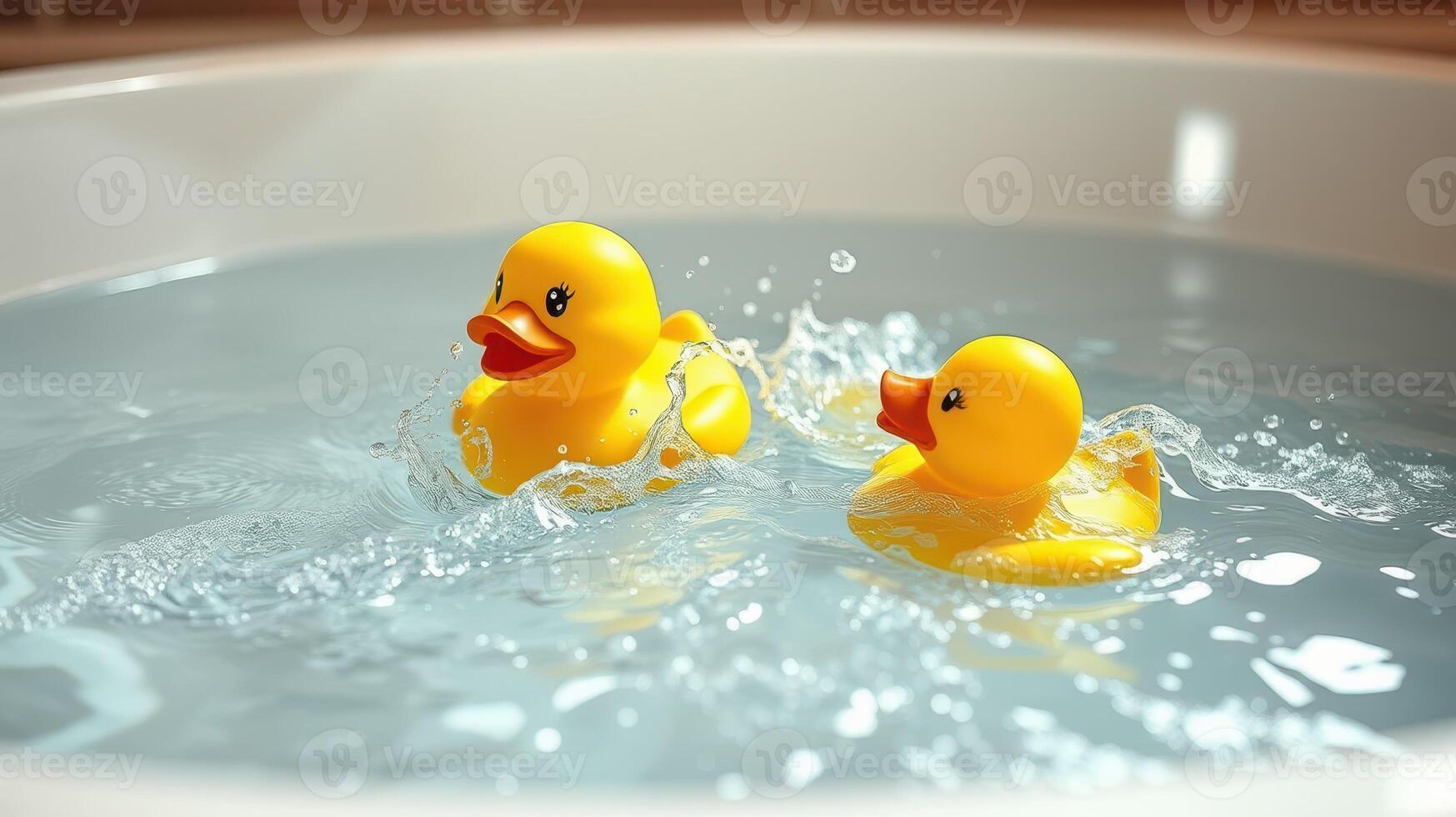 Yellow rubber ducks splashing in a bath filled with water create a playful and cheerful atmosphere for children photo