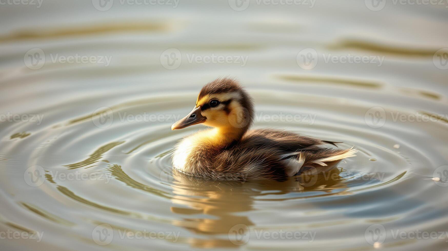 Duckling swims in calm water creating ripples on a sunny day near the shore photo